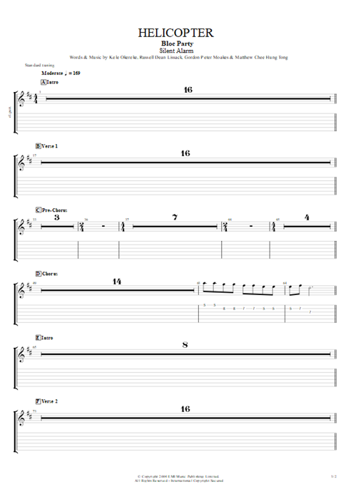 Helicopter Bloc Party guitar pro tab EGuitarIII Guitarras y pista de acompañamiento mysongbook
